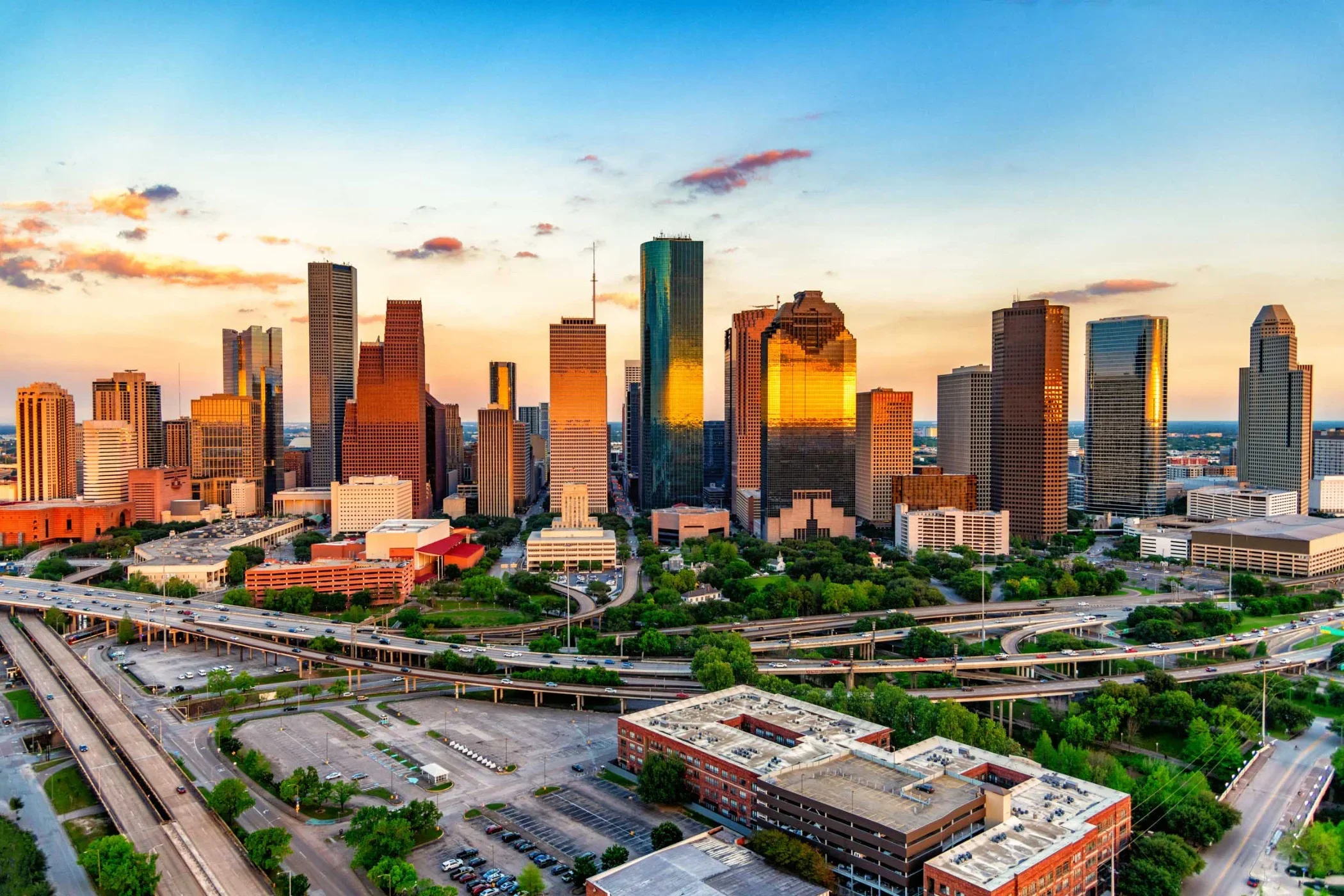 Downtown Houston at sunset, a short drive north of Pearland